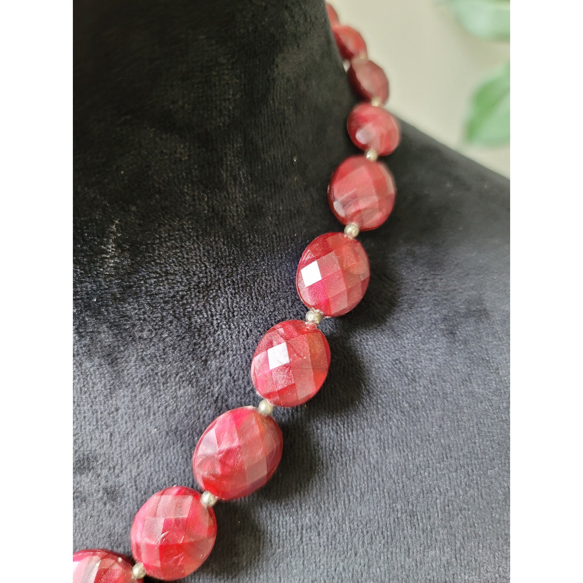 Women's Red Faceted Bead Necklace with Silver Spacers and Lobster Lock