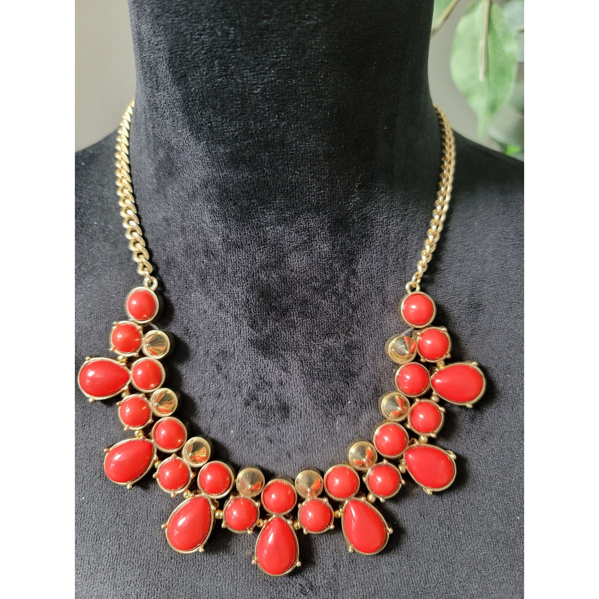 MIKA Gold Chain Necklace Red Teardrop Bead Bib Statement Jewelry Lobster Clasp