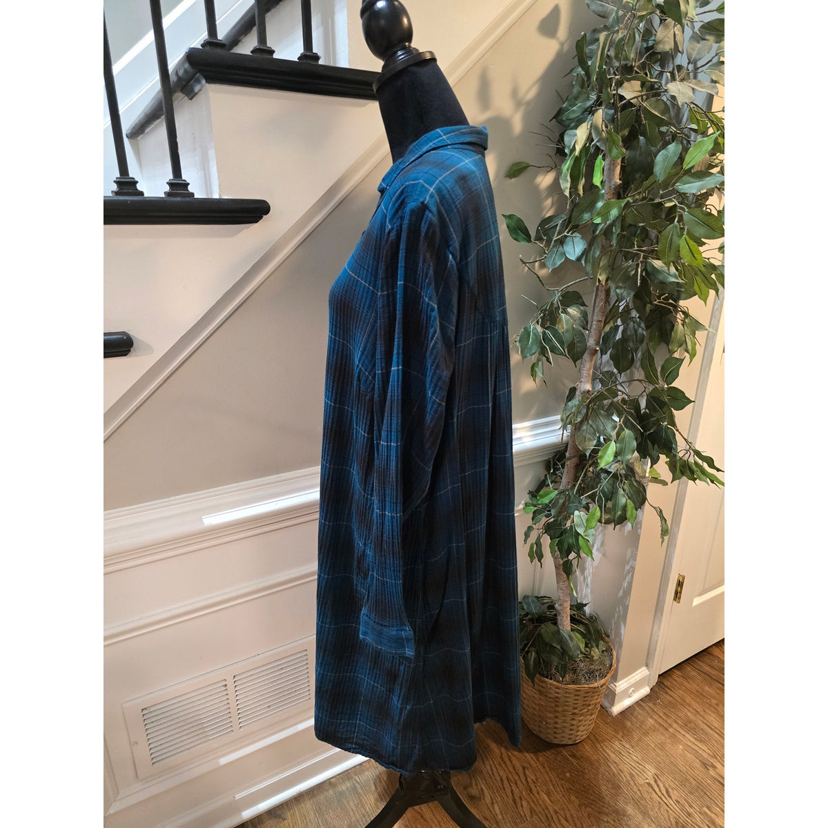 J. Jill Shirt Dress 2X Navy Blue Cotton Plaid Pleated Collared Casual Button-Up