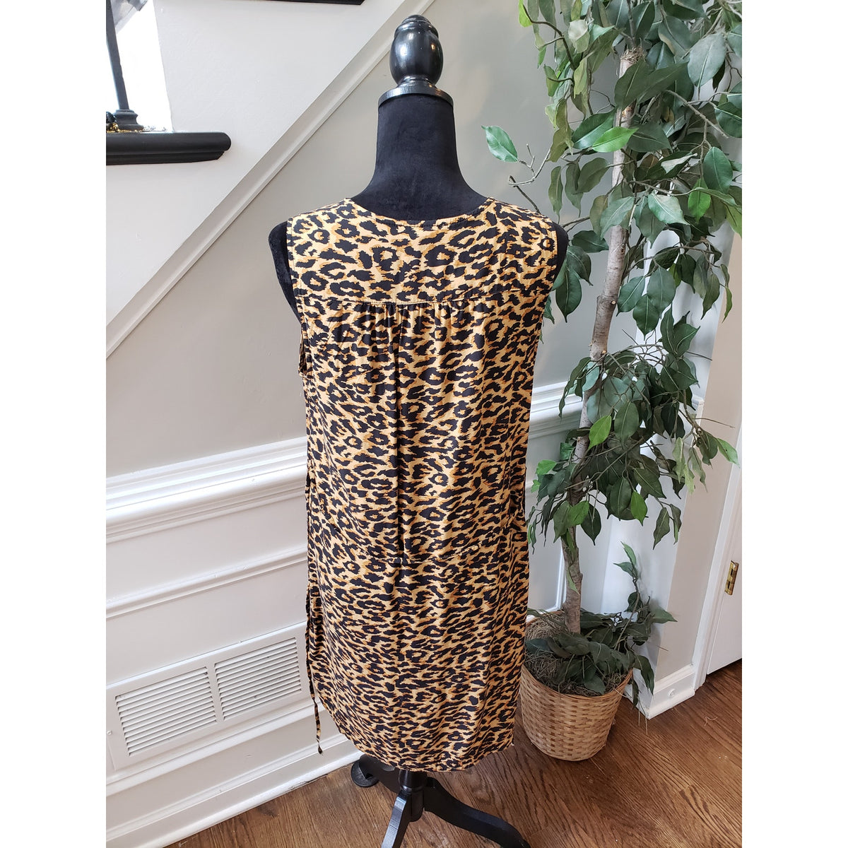 Beachlunchlounge Dress Women Medium Brown Black Leopard Print Sleeveless Tie