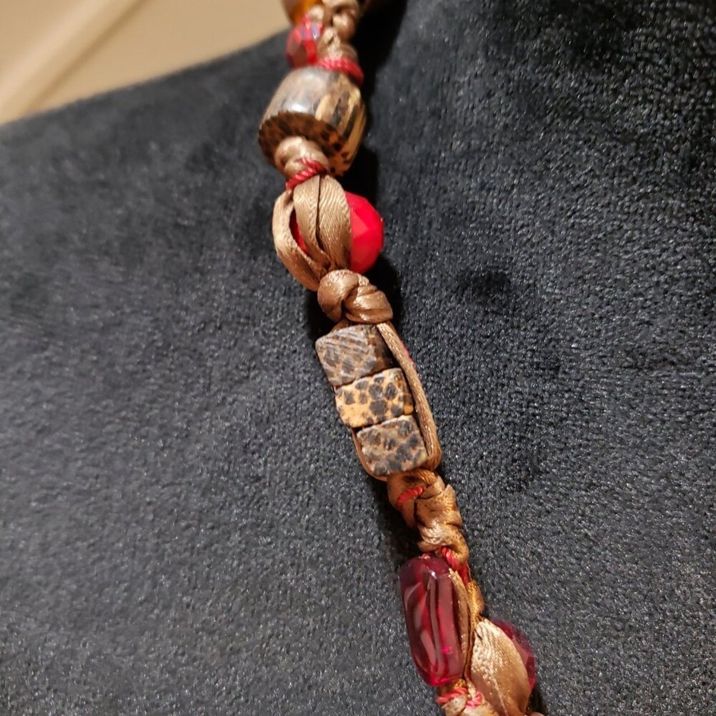 Women Brown Ribbon Wrapped Wood & Crystel Bead Collar Necklace with S Hook Clasp