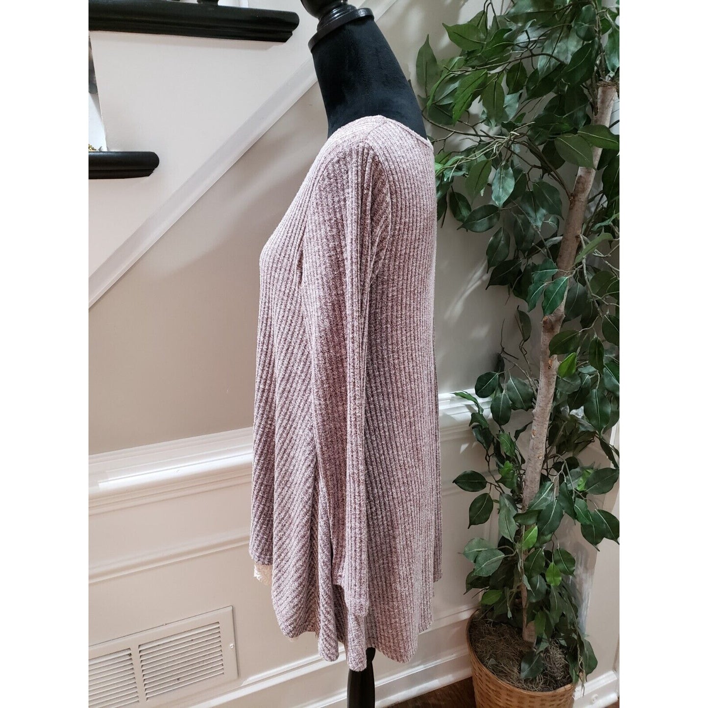 Umgee Women's Gray Striped Cotton Casual Round Neck Long Sleeve Sweater Small
