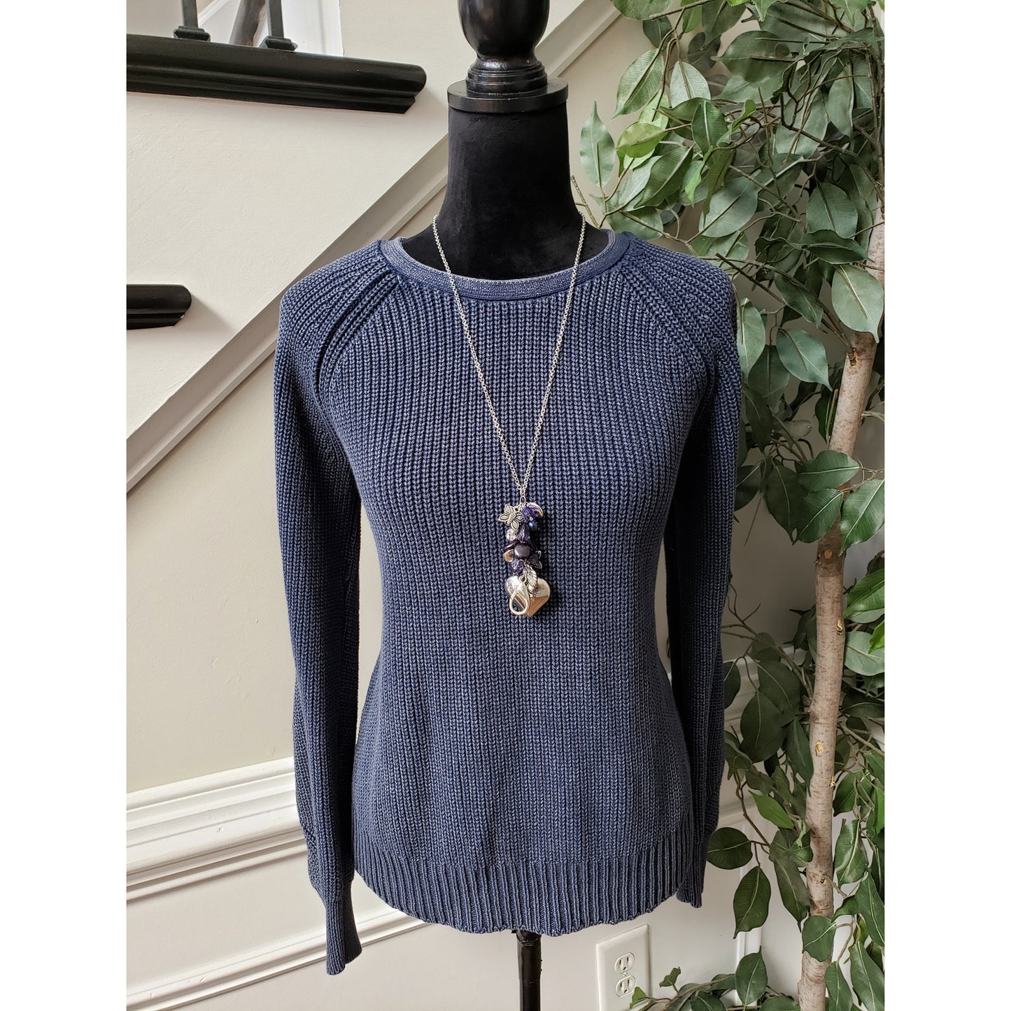 DO+BE Sweater Women's Small Blue Chunky Knit Cutout Back Raglan Cold Shoulder