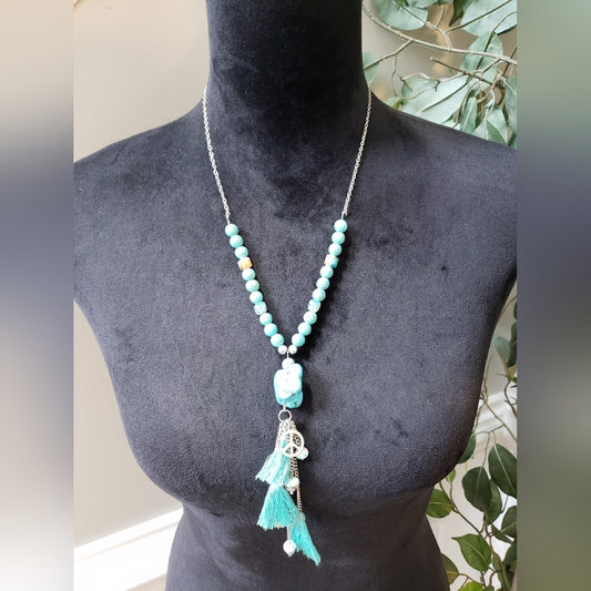 Womens Fashion Blue Turquoise Beads Charm Tassel Necklace with Lobster Clasp