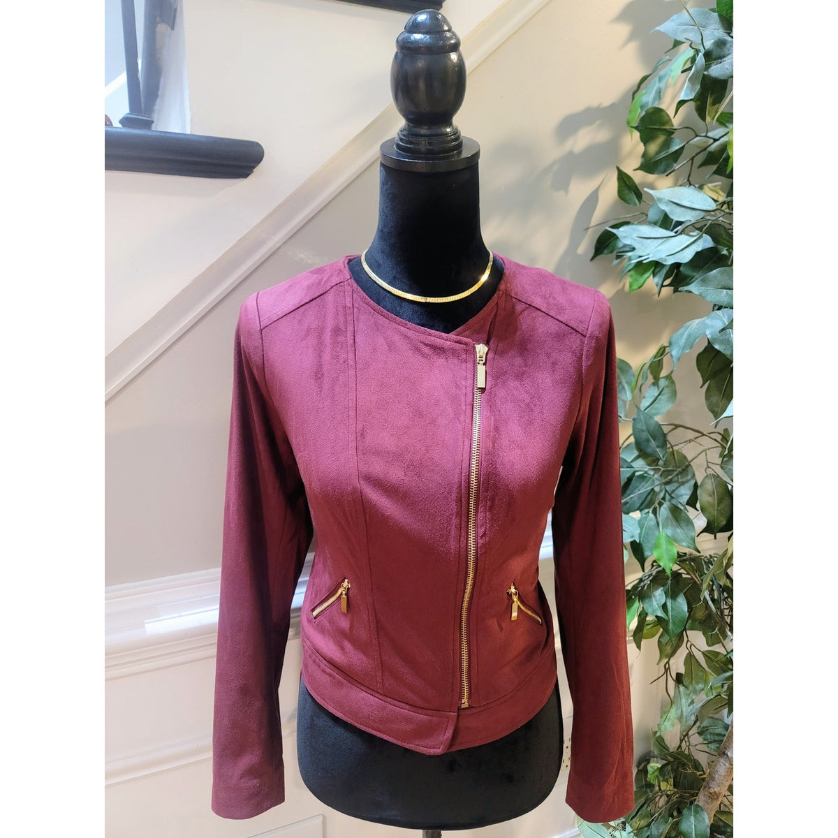Thalia Sodi Moto Jacket Women's SZ XS Burgundy Asymmetrical Zip Long Sleeve