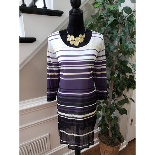 Alfani Top Blouse Women's Size XL White & Purple Striped Long Sleeve Round Neck