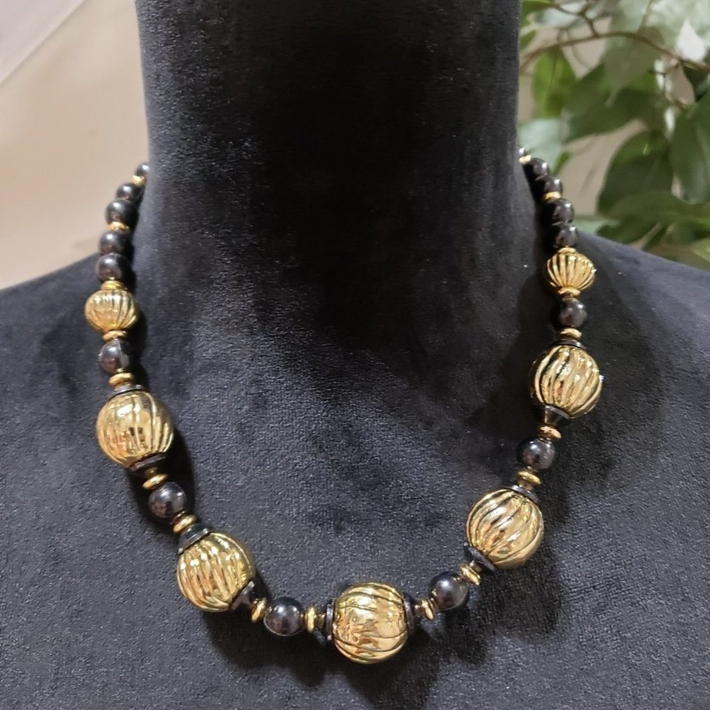 Womens Black Rhinestones Beaded Gold Tone Charm Choker Necklace w/ Round Clasp