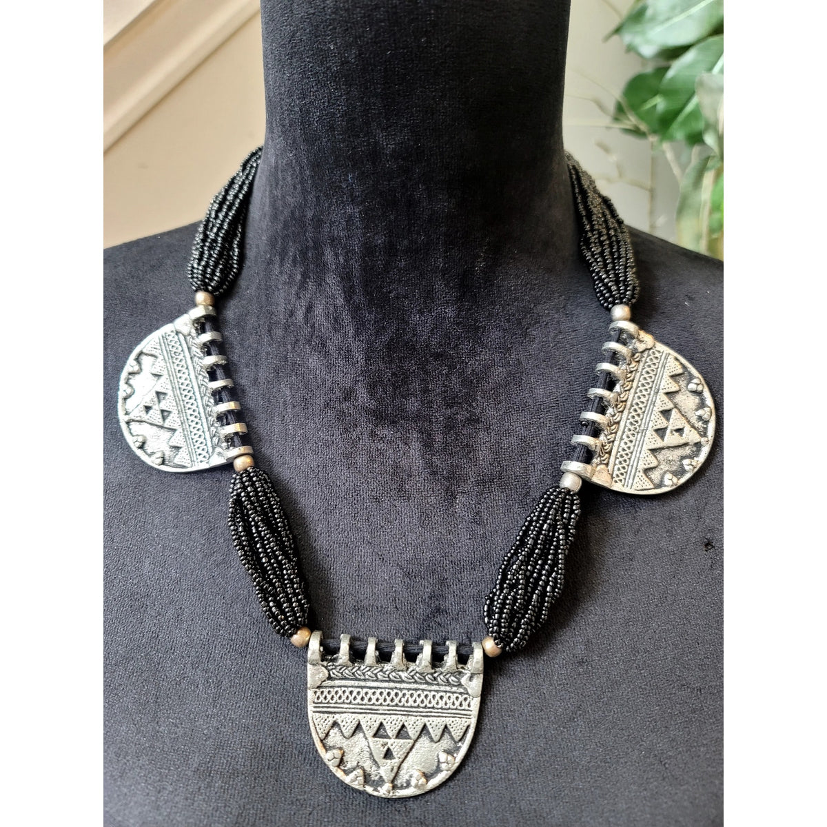 Black Multi Strand Beaded Necklace Silver Tone Tribal Medallion Statement