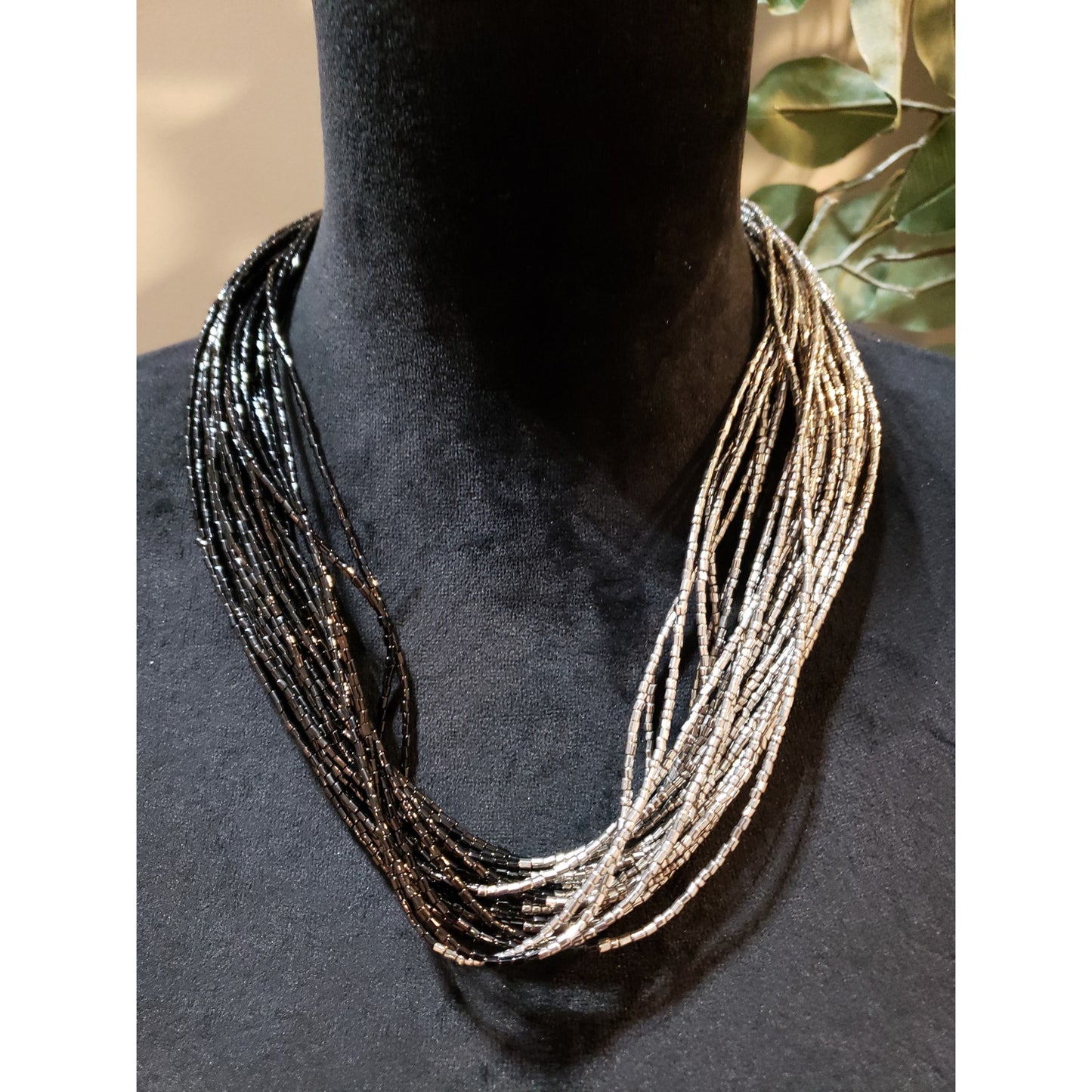 Women Black & Silver Multistrand Beaded Necklace Layered Statement Jewelry