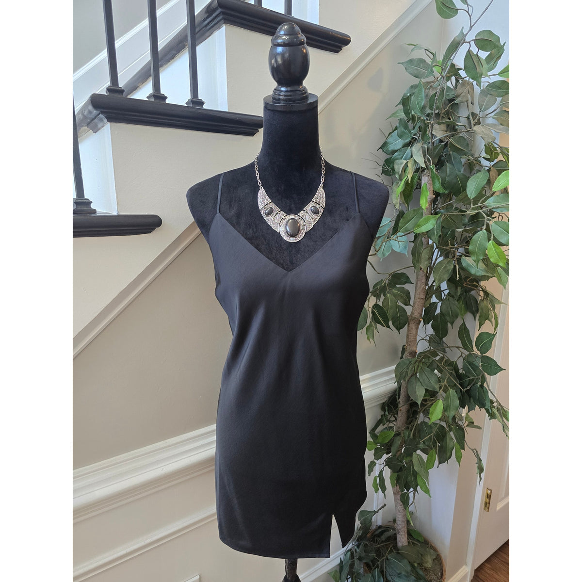 A New Day Slip Mini Dress Women's Medium Black Side Slit V-Neck Spaghetti Strap