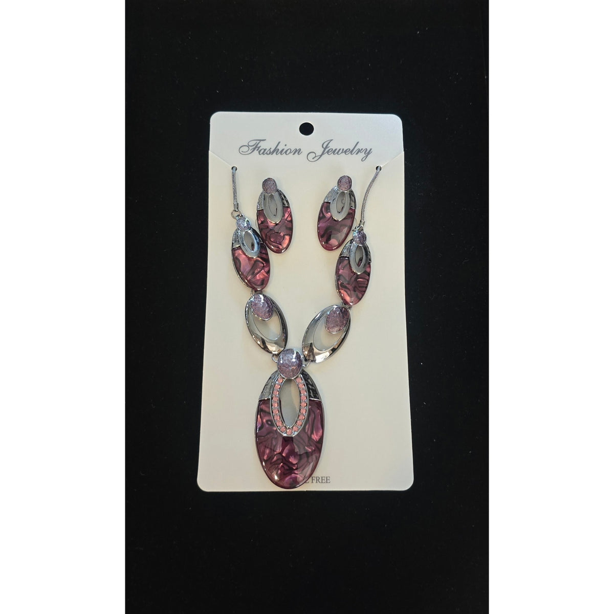 Pink Purple Abalone Shell Oval Pendant Statement Necklace and Earrings Set