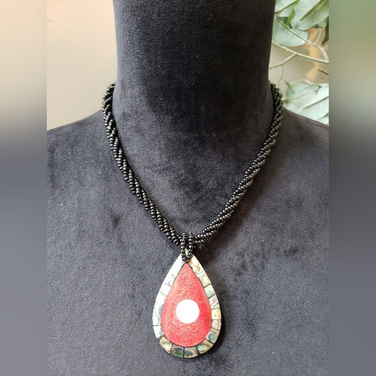 Womens Black Seed Bead Coral and Abalone Pendant Necklace with Button Closure