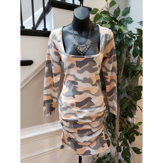 Venus Bodycon Dress Womens Medium Multi Camo Print Ruched Long Sleeve Scoop Neck