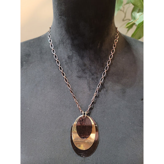 Women's Modern Oval Statement Necklace Mixed Metal Black Gold Tone Pendant