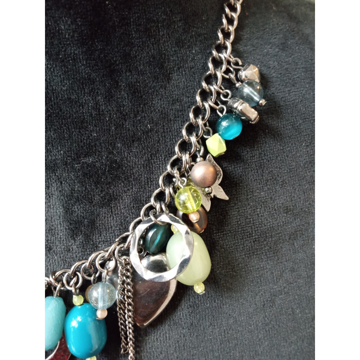 Gunmetal Chain Necklace Turquoise Yellow Beaded Charm Statement Bib Boho Jewelry