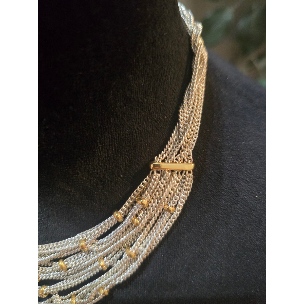 Women's Multi Strand Silver Chain Necklace With Gold Beads And Toggle Lock