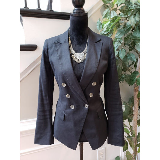 White House Black Market Womens Black Linen Double Breasted Blazer Jacket Size 2