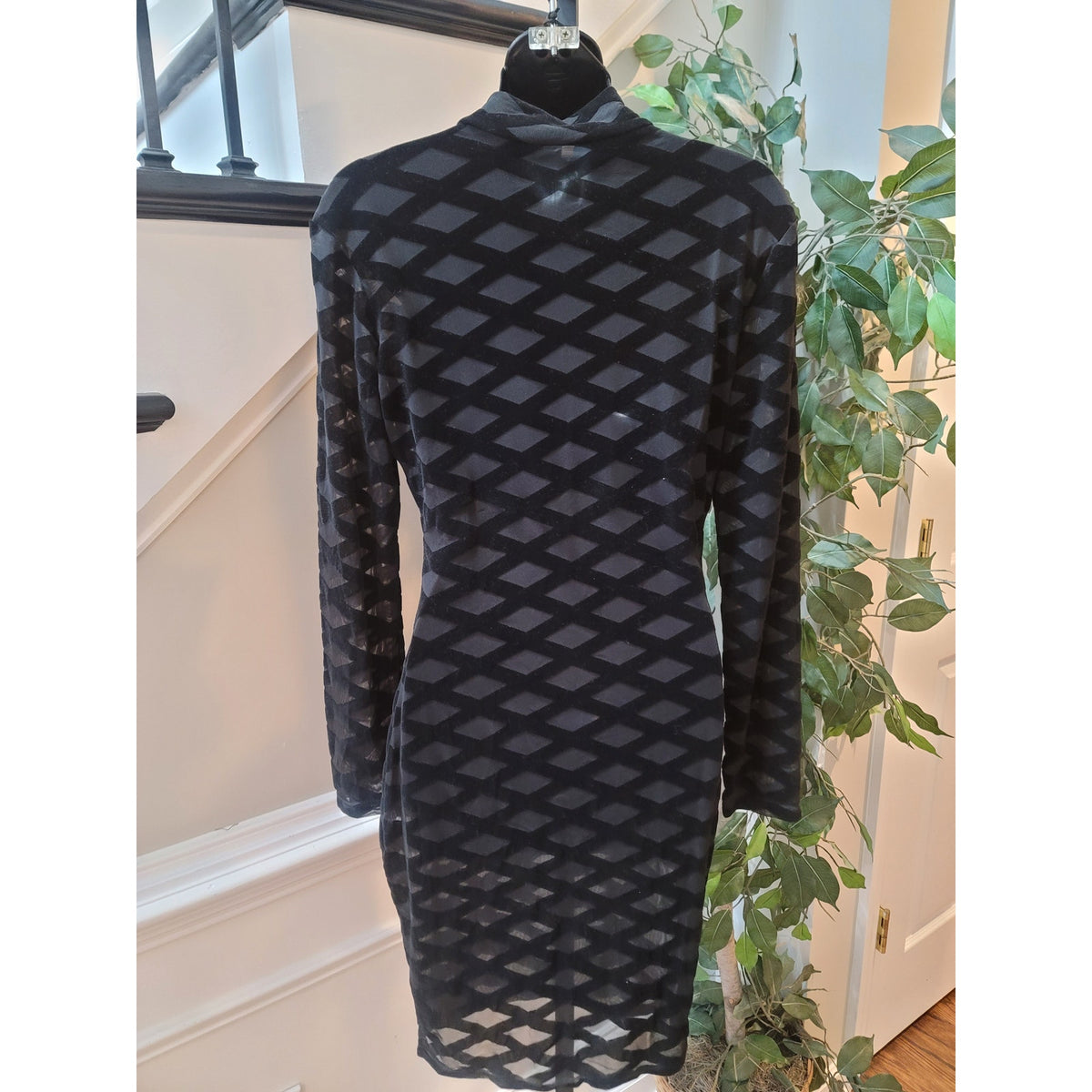 Bodycon Dress Womens Small Black Sheer Geometric Long Sleeve Cocktail Party