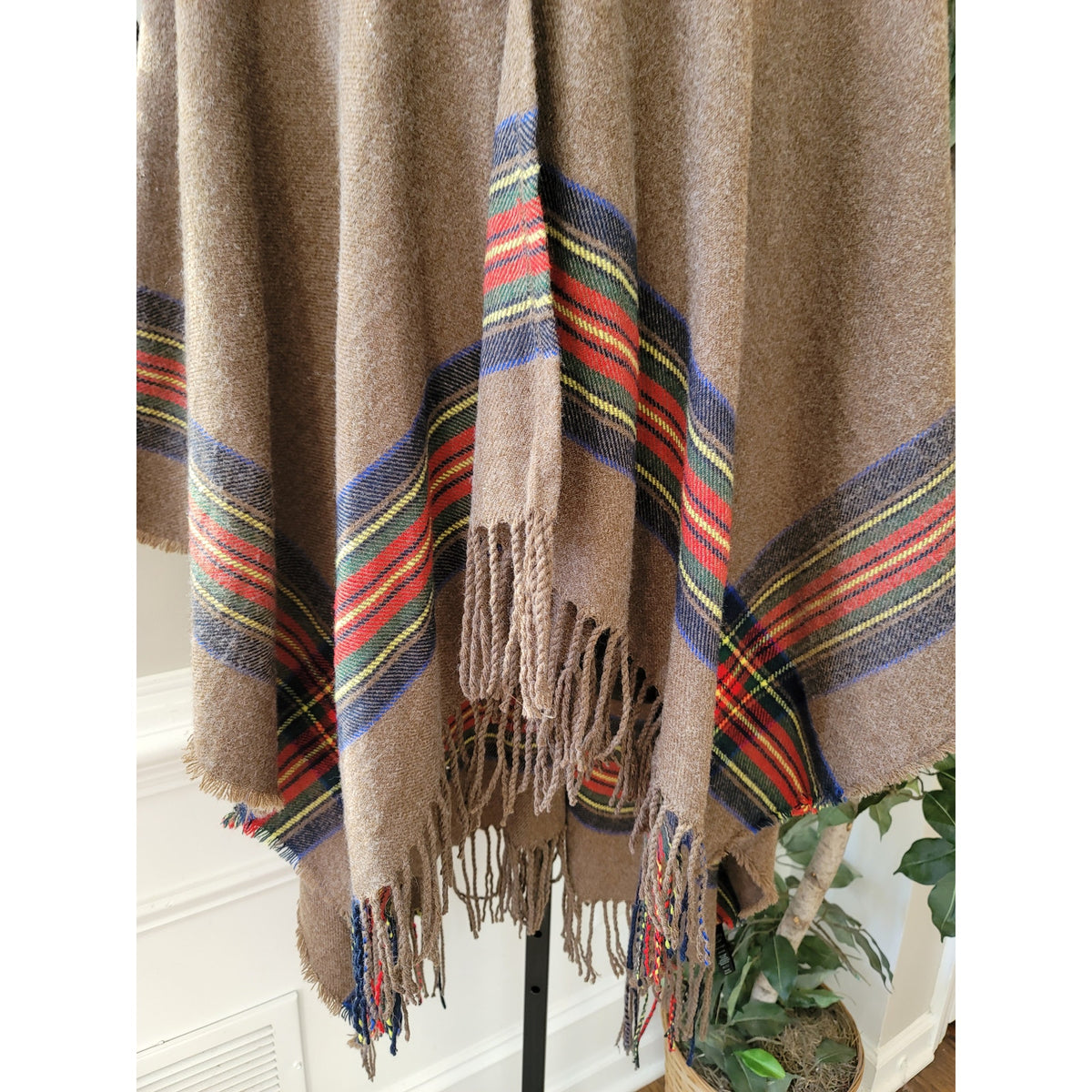 Do Everything in Love Poncho Cape Women's One Size Brown Tartan Plaid Fringe