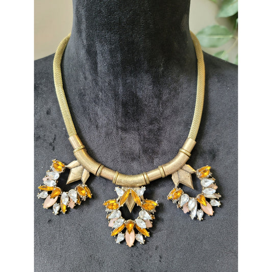 Women's Gold Mesh Necklace with Yellow and Clear Crystal Pendant Lobster Clasp