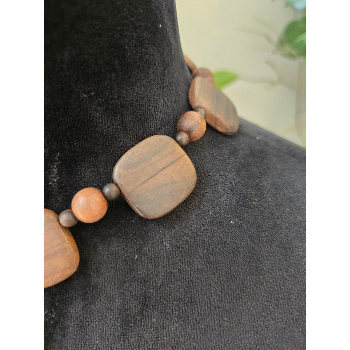 Brown Wood Bead Necklace Large Teardrop Shell Pendant Statement Jewelry