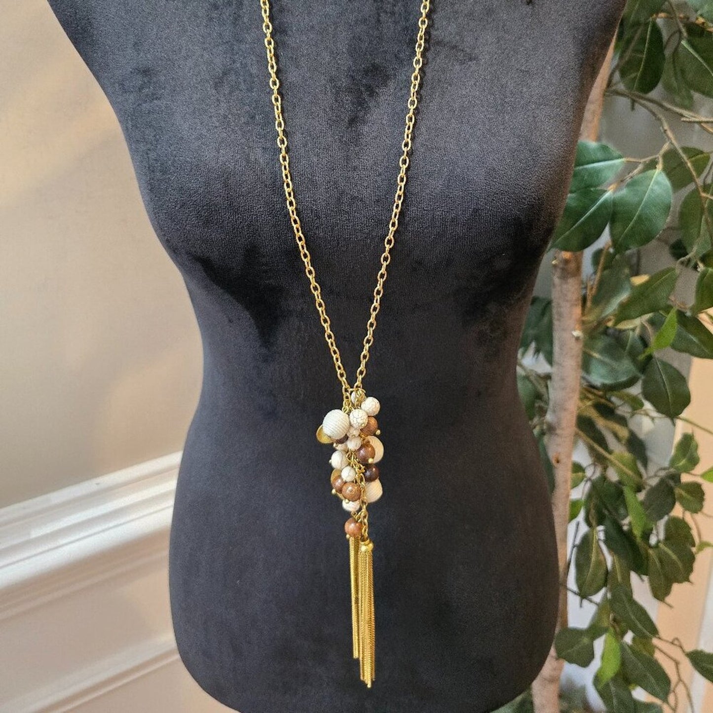 Womens Pearl Drop Chain Tassel Gold Tone Chain Necklace Jewelry w/ Lobster Clasp