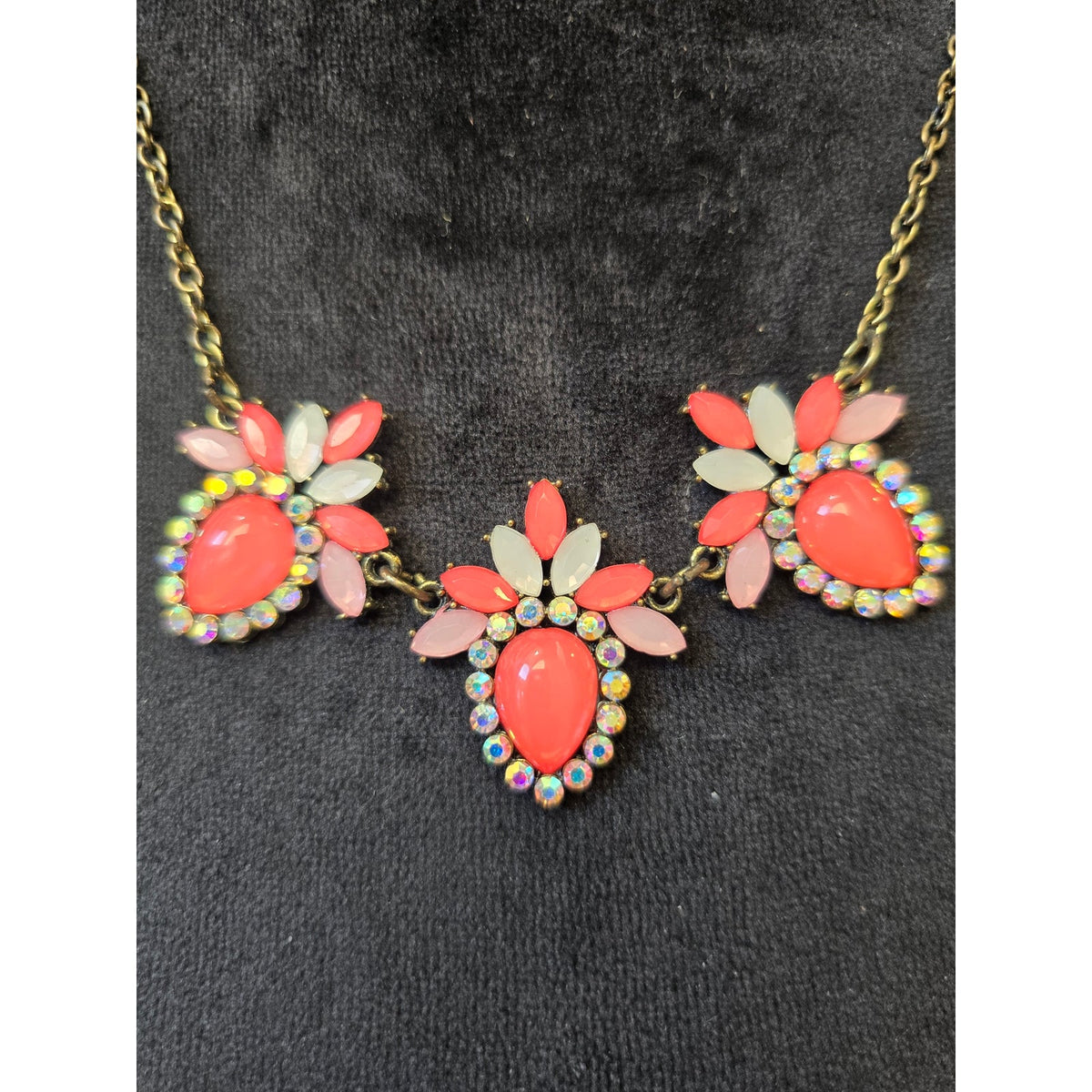 Gold-tone Chain Pink Teardrop Cluster Rhinestone Statement Necklace for Women