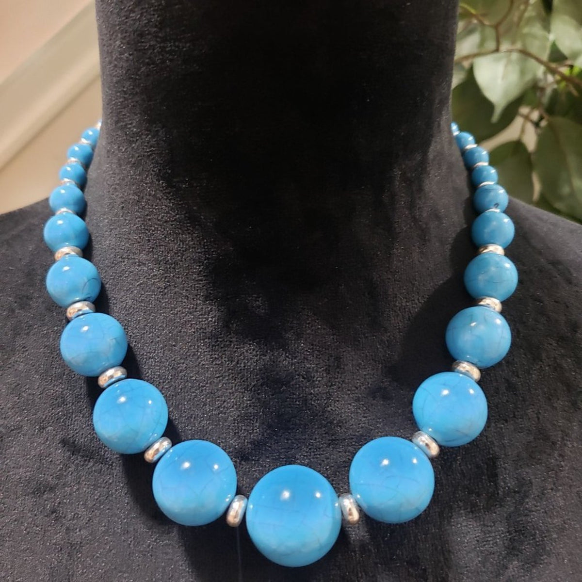 Women's Blue Round Shape Beaded Statement with Lobster Clasp Necklace
