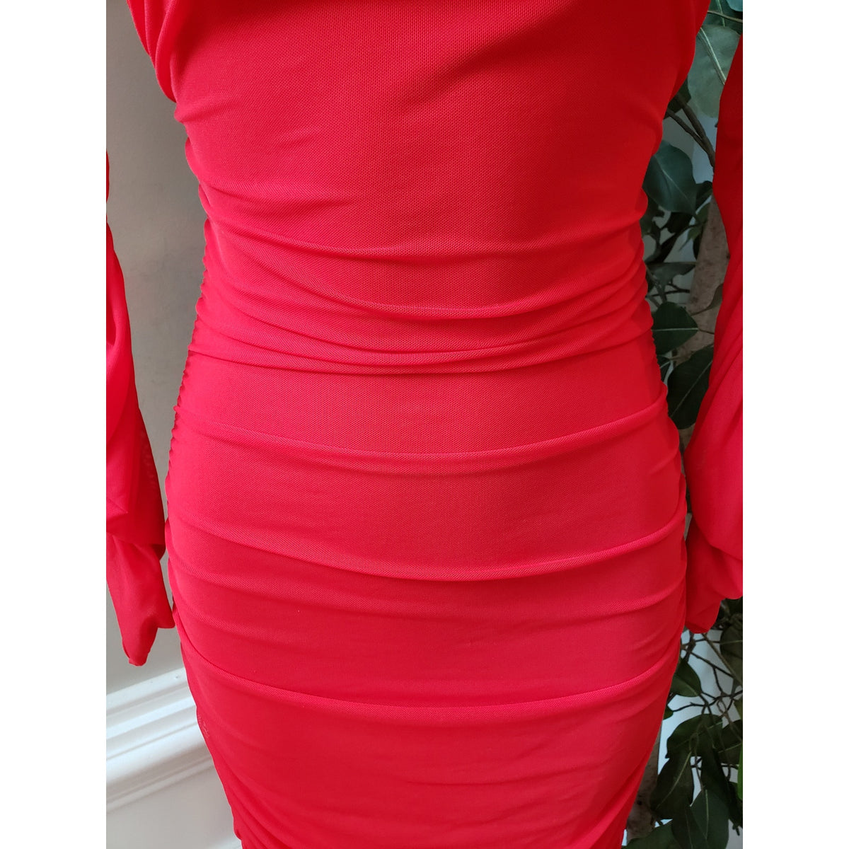 Fashion Nova Slinky Ruched Maxi Dress Womens S Red Cowl Neck Sheer Sleeve Lined