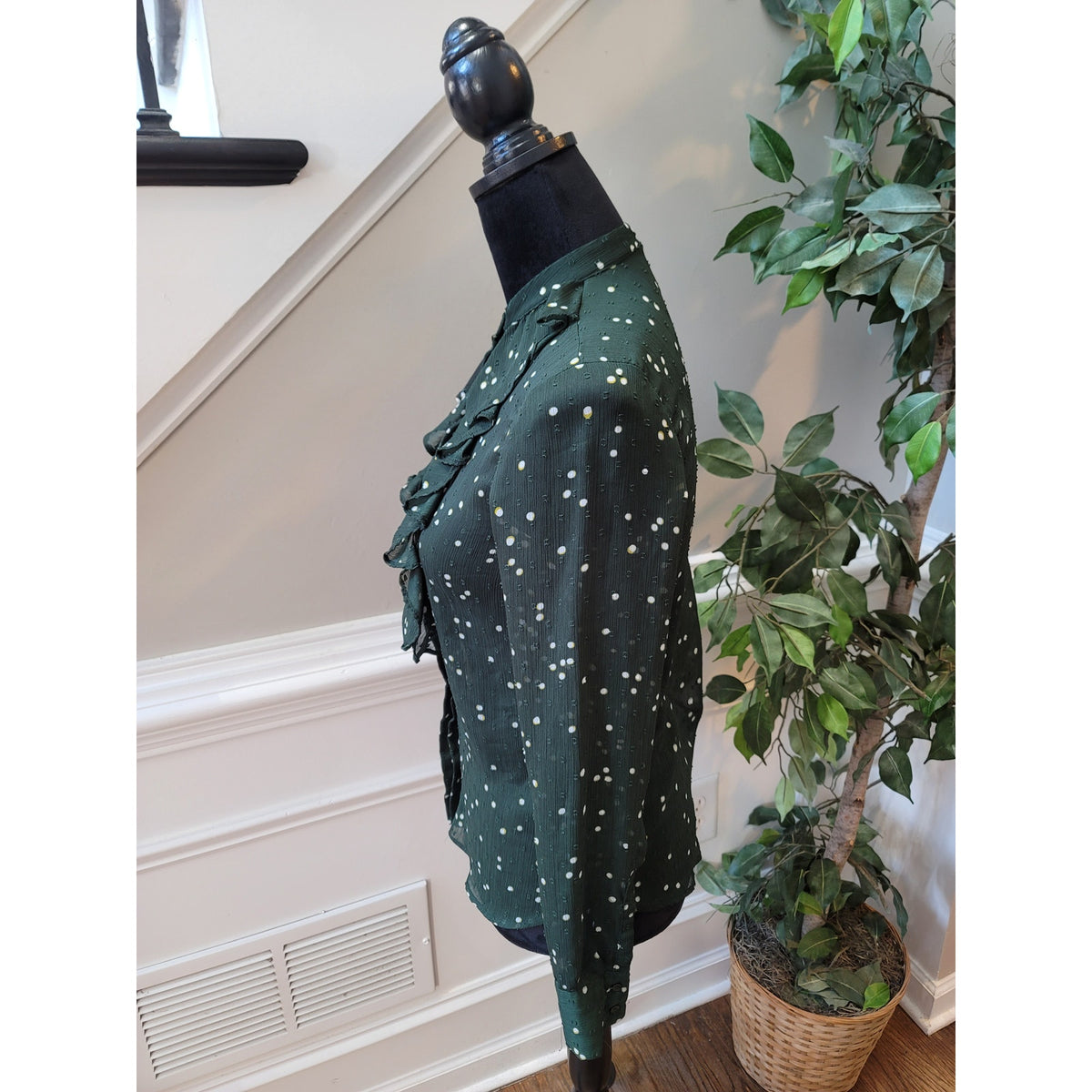 H&M Blouse Green Polka Dot Sheer Ruffle Band Collar Long Sleeve Small Button-Up