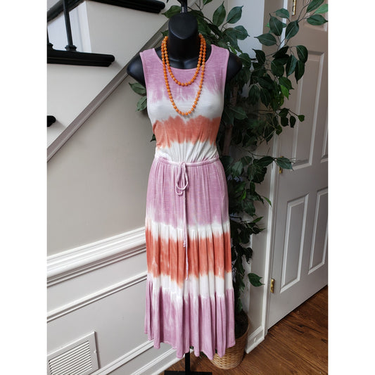 Knox Rose Maxi Dress Womens XS Multi Tie Dye Stretch Drawstring Waist Round Neck