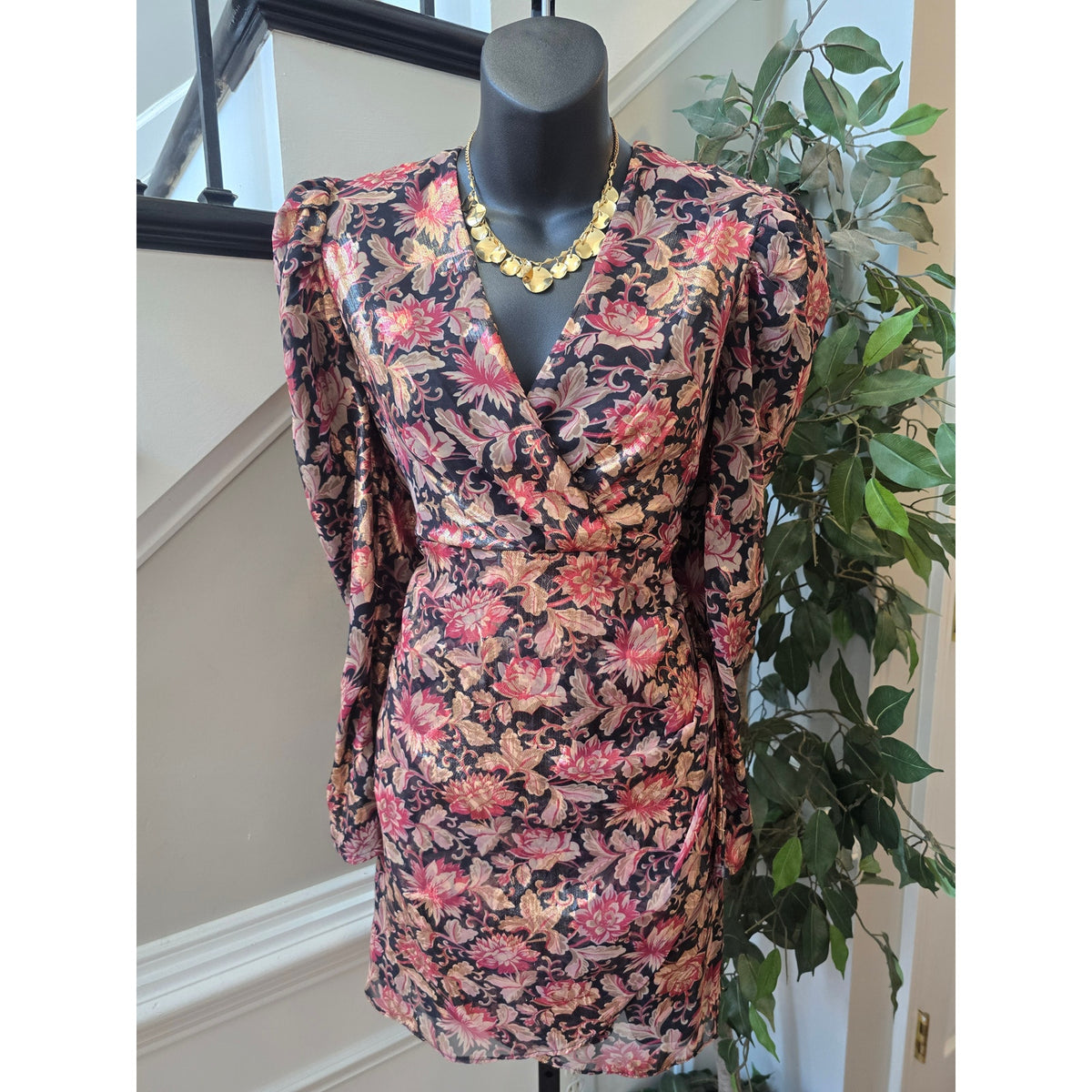 Express Sheath Mini Dress S Multi Floral Wrap V-Neck Puff Shoulder Causal Party