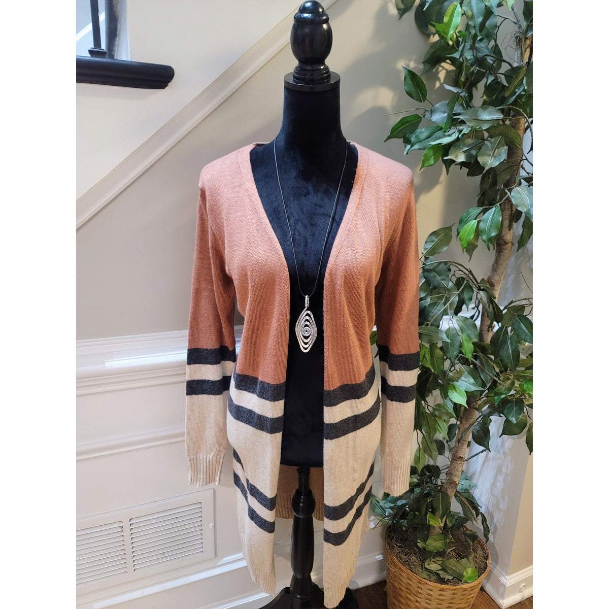 Doe & Rae Longline Cardigan Sweater Women's Small Multicolor Striped Open Front