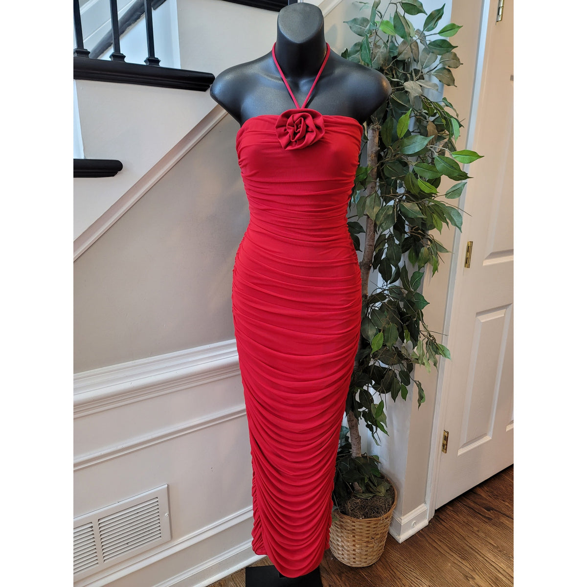 Fashion Nova Strapless Midi Dress Women's Medium Red Ruched 3D Floral Corsage