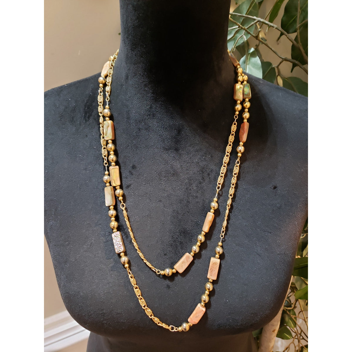 Womens 2 Strand Gold Tone Abalone Stone Metal Beads Paperclip Chain Necklace