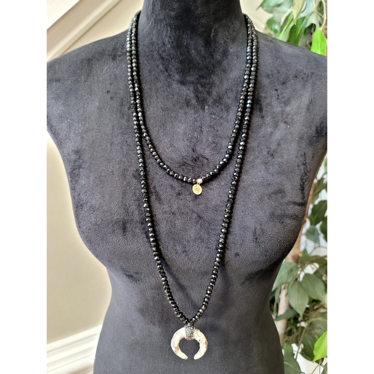 Women Layered Black Beaded Crescent Horn Pendant Necklace Long Statement Jewelry
