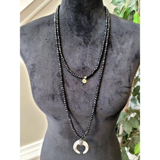 Women Layered Black Beaded Crescent Horn Pendant Necklace Long Statement Jewelry