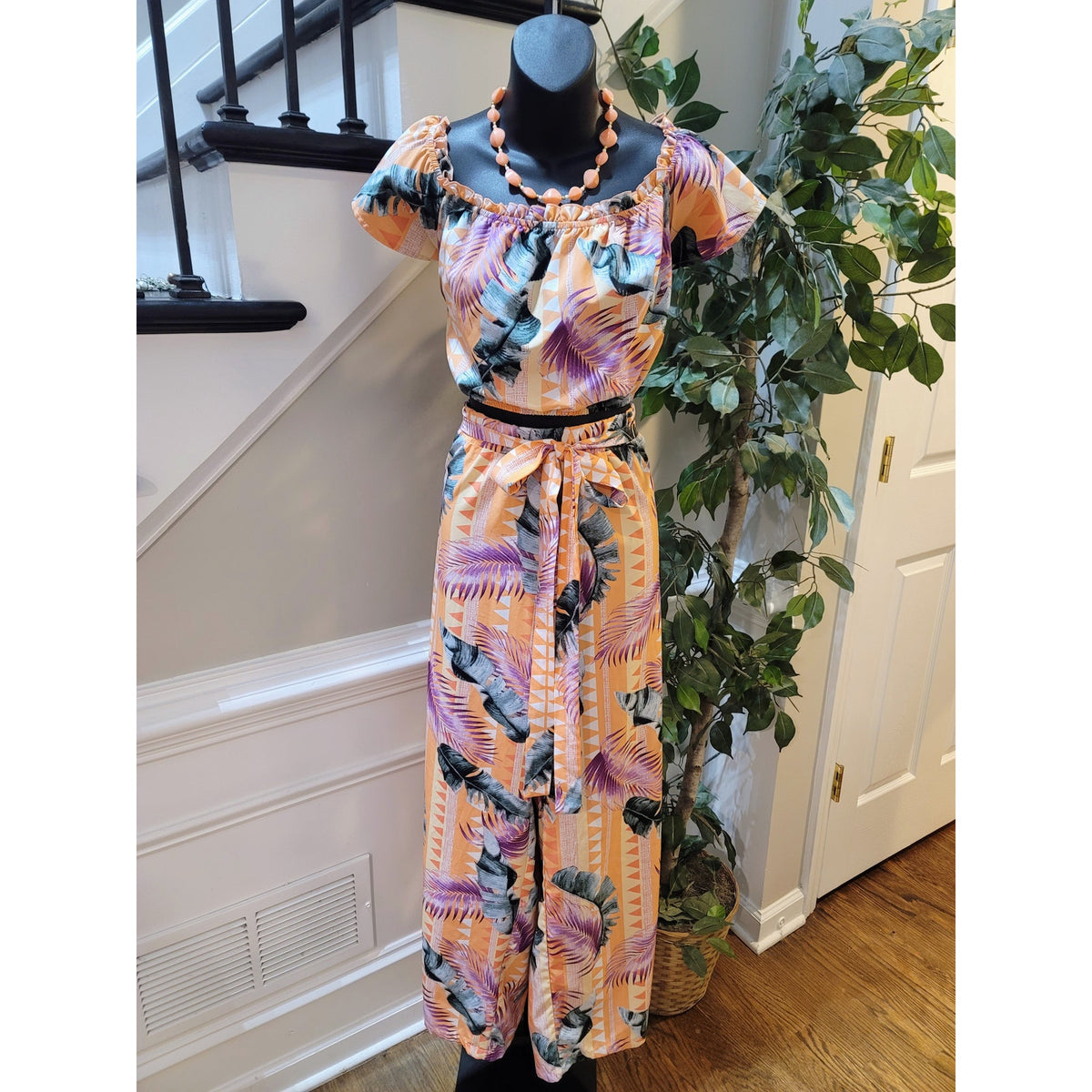 Shein Co-Ord Set Women's SZ 1XL Multicolor Tropical Pleated Frill Neck Belt Loop