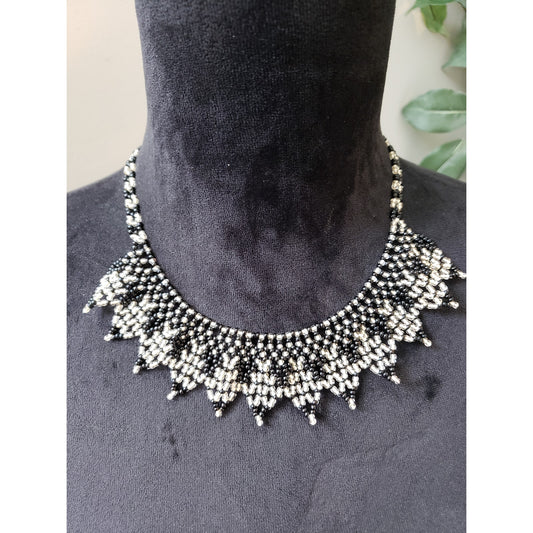 Women's Black White Beaded Statement Necklace Elegant Hook Clasp Jewelry