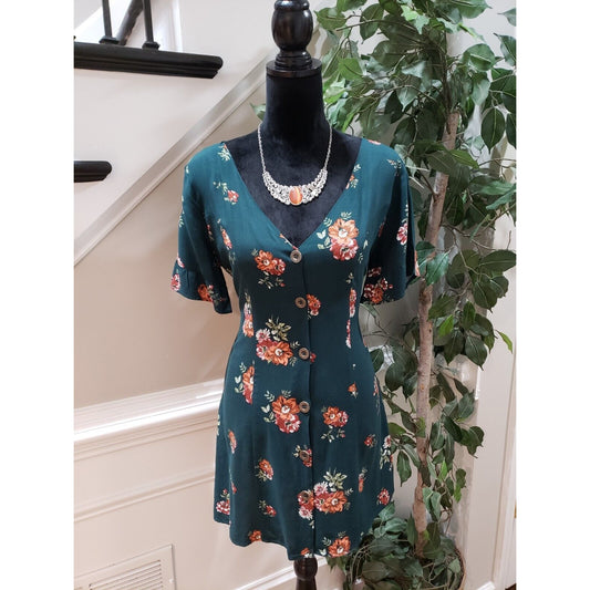 Wild Fable Womens Green Floral V Neck Short Sleeve Button Front Bodycon Dress S