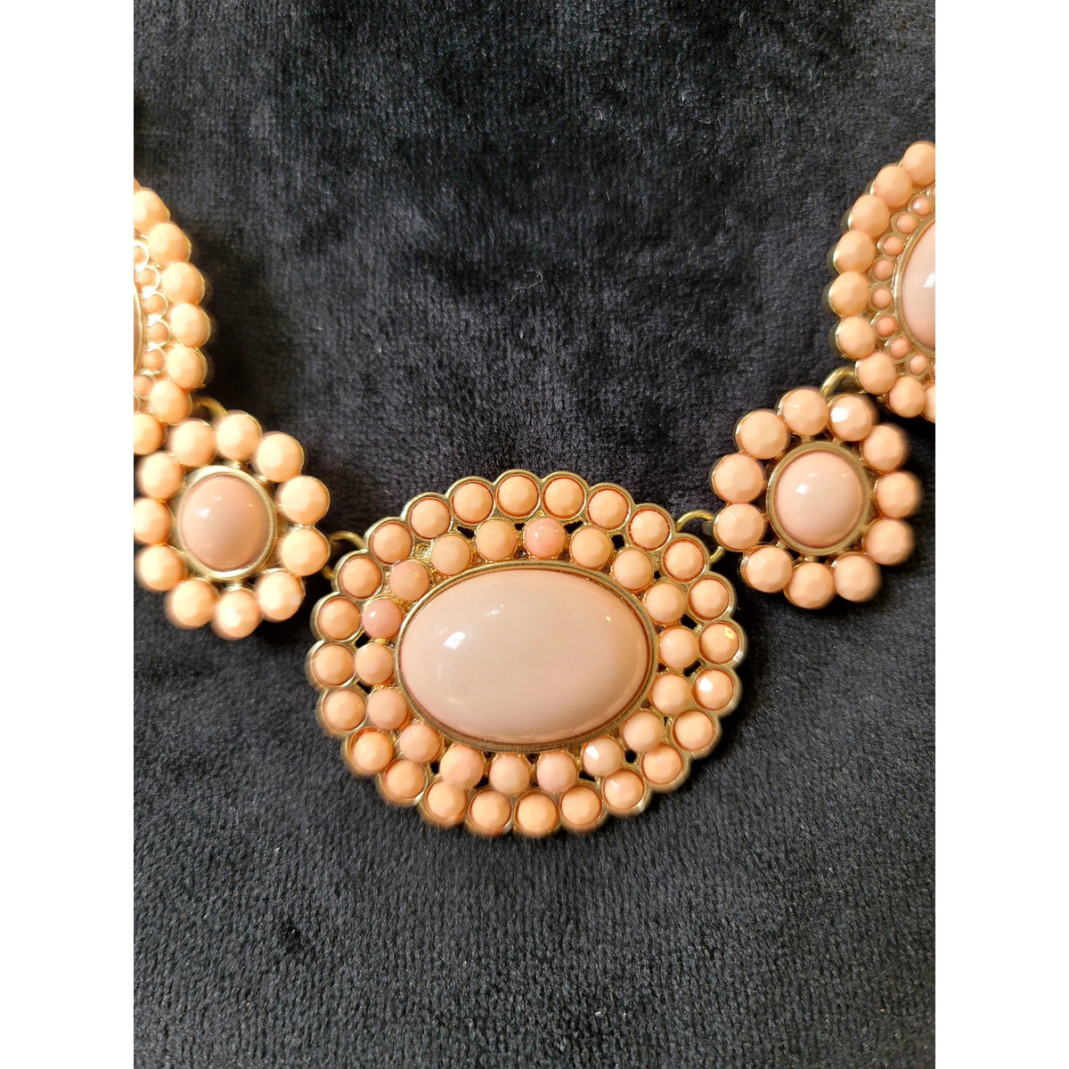 Peach Blush Beaded Cabochon Statement Necklace Gold Tone