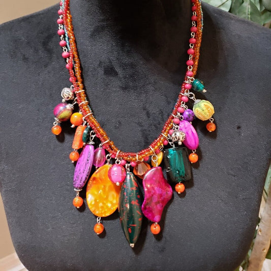 Womens Fashion Multi Strand Colorful Beads & Stone Charm Necklace with Lobster