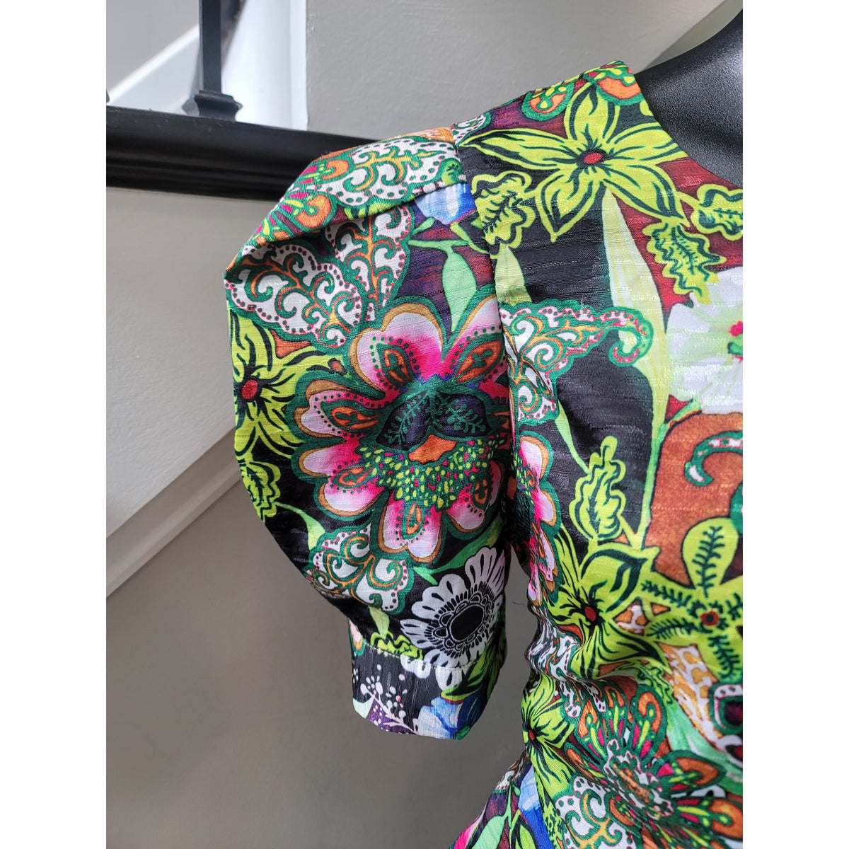 Kosmios Shirt Women's Large Multicolor Puff Sleeve Peplum Top High Low