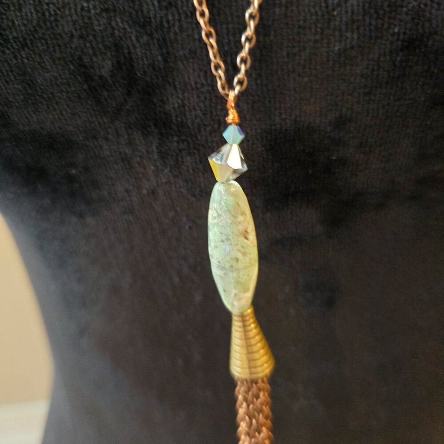 Women's Fashion Long Chain Gold Tone Prehnite Stone Pendant Tassel Necklace