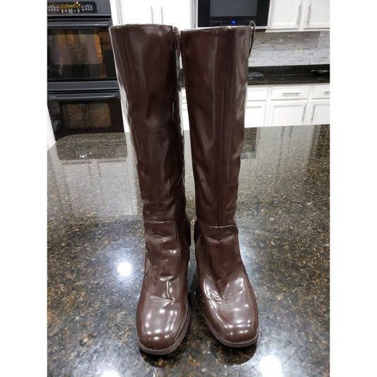 Leila Stone Knee High Boots Women's 8 Brown Patent Leather Round Toe Side Zip