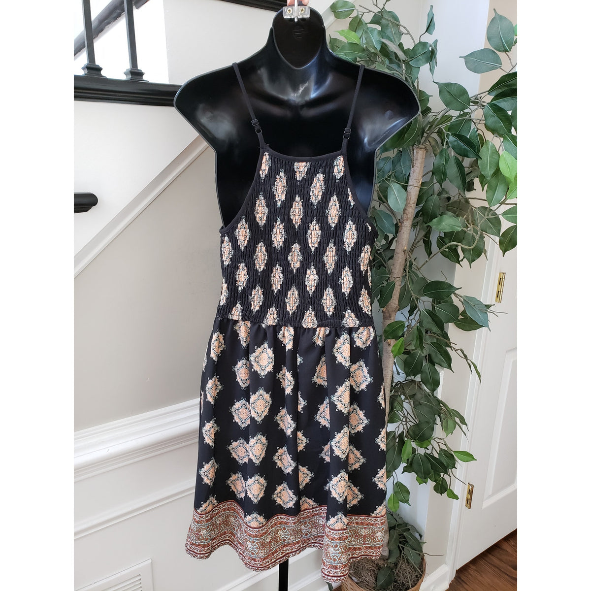 Womens A Line Dress Black Printed Smocked Sleeveless Spaghetti Straps Pleated S