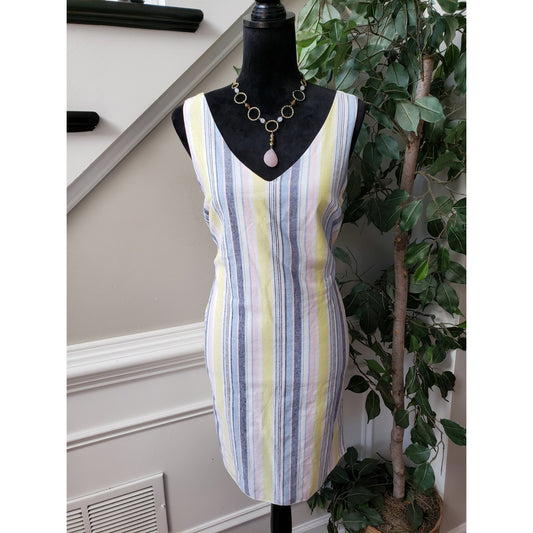 Blue Blush Knee Length Dress Womens Medium Multi Lined Striped V Neck Pullover