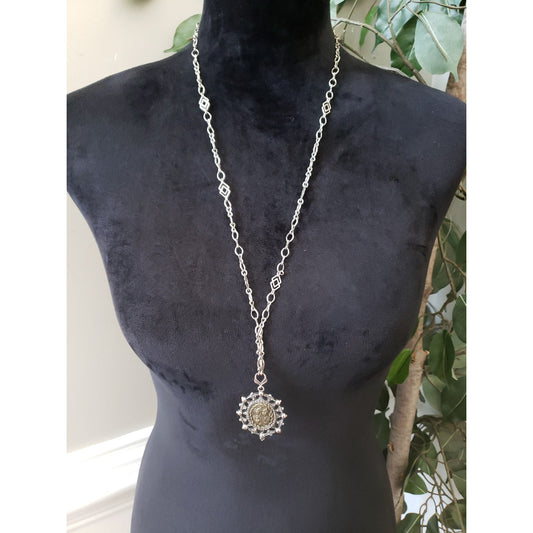Womens Antique Silver Tone Encrusted Symbols Revival Pendant Geo Chain Necklace