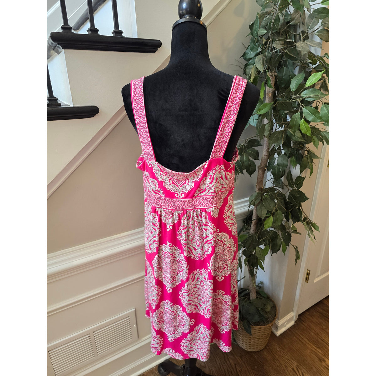 Apt 9 Midi Dress Women's Large Pink/White Geometric Pleated Stretch Empire Waist