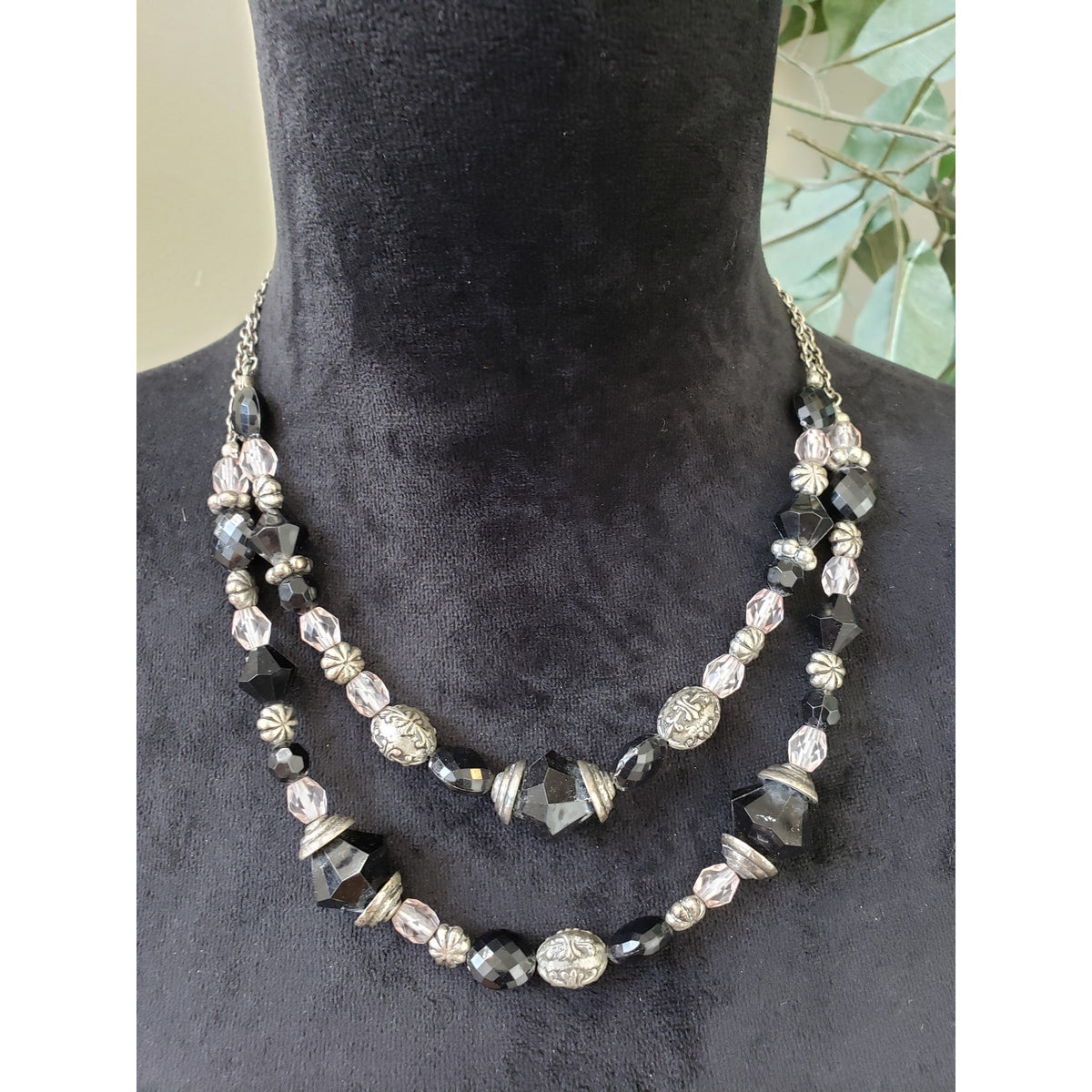 Womens Double Row Faceted Black, Clear, Metallic Silver Crystal Beaded Necklace